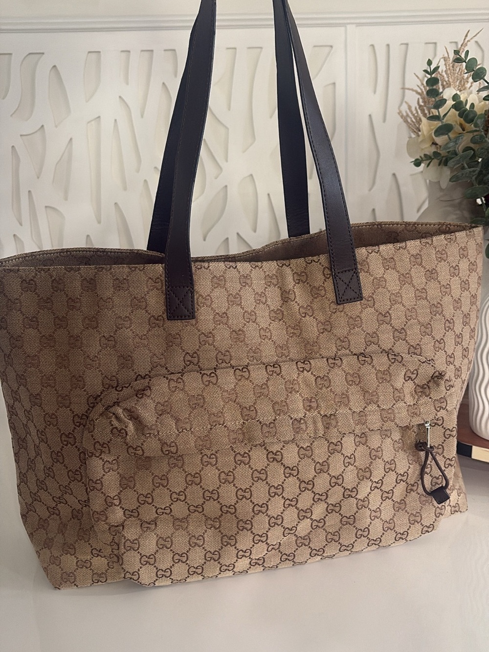 Gucci Beige GG Canvas Weekender Tote Bag with Dark Brown Handles